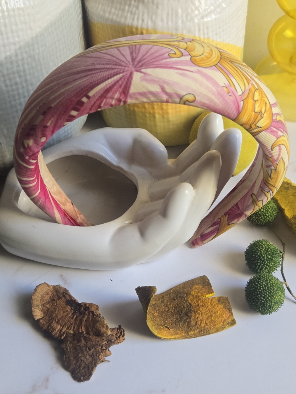 GUC Versace Baroque Pink and Gold Padded Silk-Print Headband
